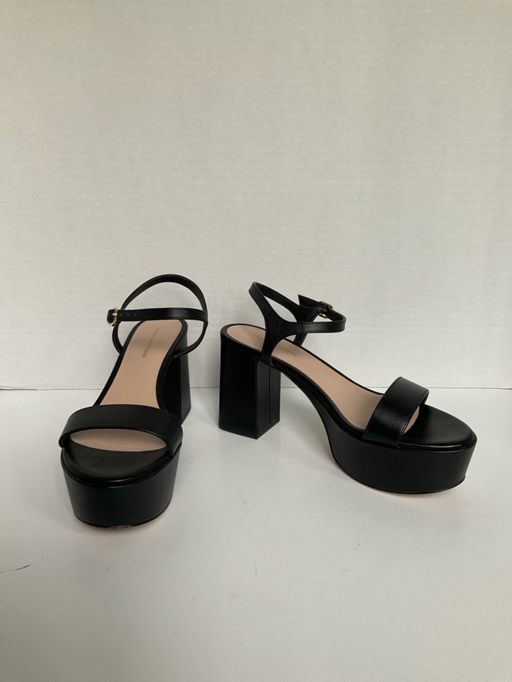 Stuart Weitzman Dancer Mid Block Platform Black Leather Sandal SZ US 7.5 B